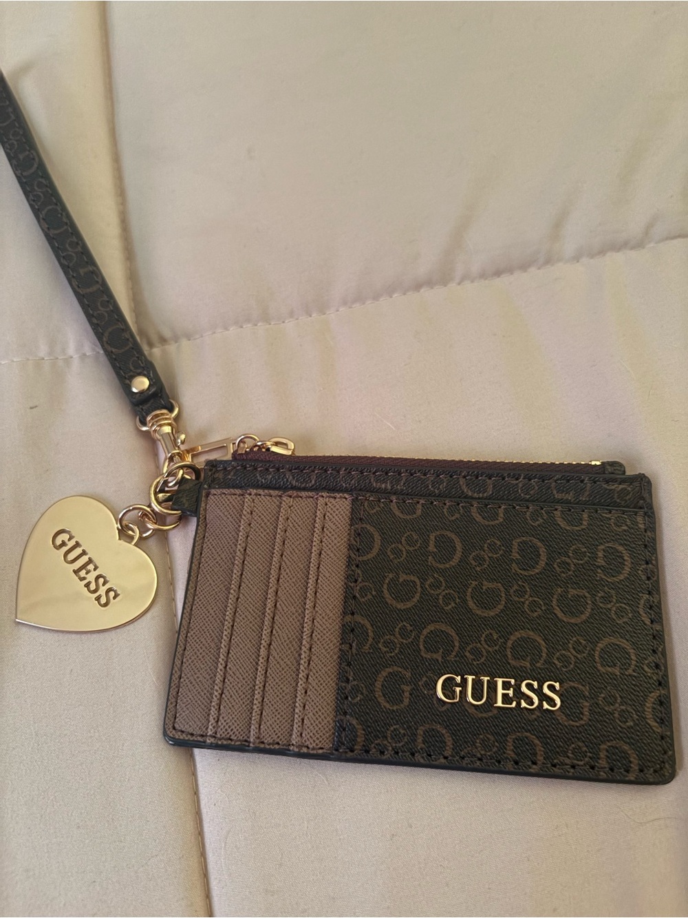 GUESS Brown Monogram Wristlet Card Holder with Gold Heart Charm